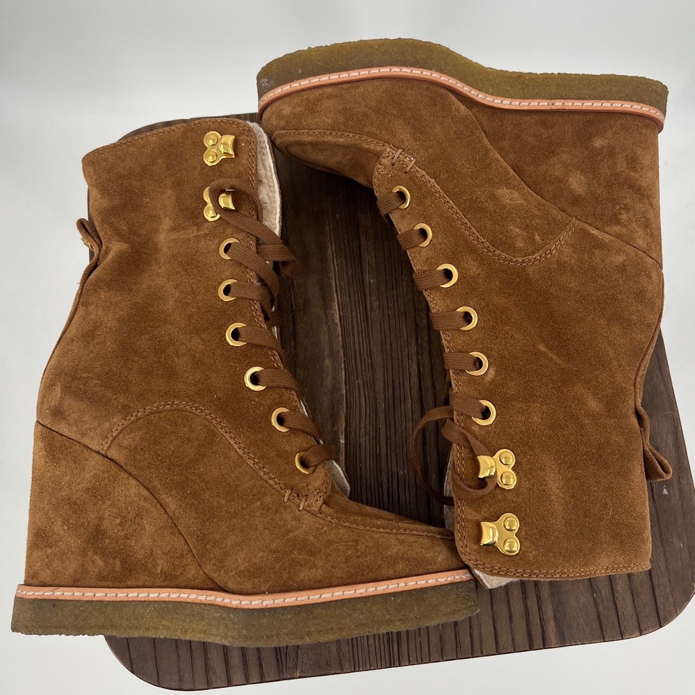 Veronica Beard Suede Shearling Lined Wedge Lace Up Boots Water Repellent 5M NWT - Picture 5 of 9